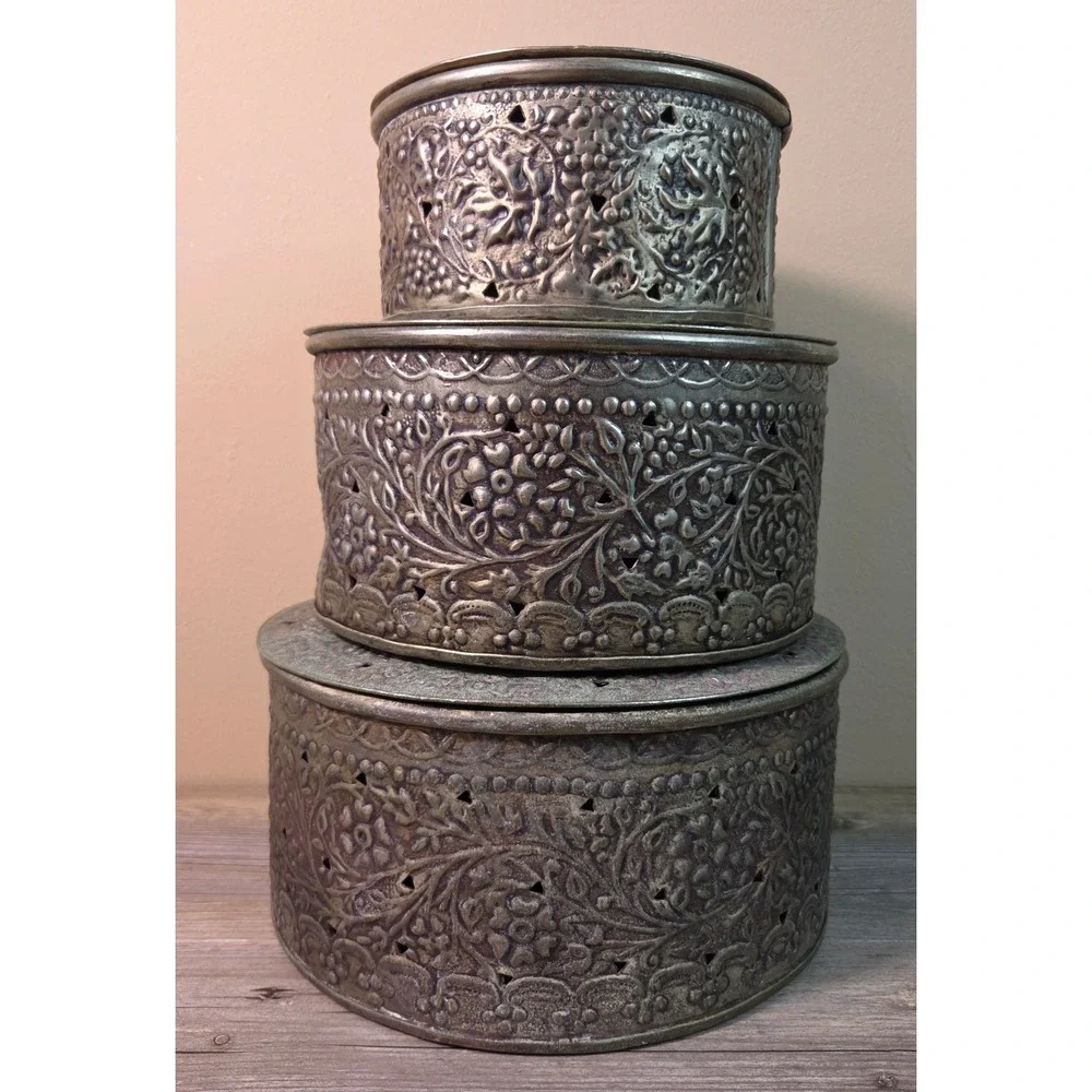 Vintage Nora Fenton Silverplate Brass Repousse Grape Canisters Set 3